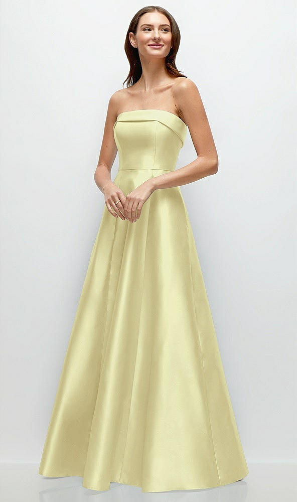 Front View - Butter Yellow Strapless Bias Cuff Bodice Satin Gown with Pockets