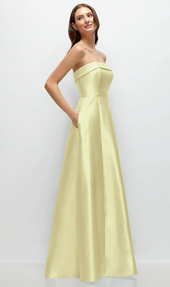 Back View - Butter Yellow Strapless Bias Cuff Bodice Satin Gown with Pockets