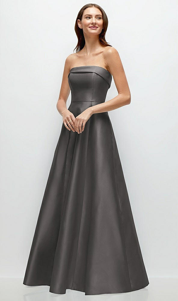 Front View - Caviar Gray Strapless Bias Cuff Bodice Satin Gown with Pockets