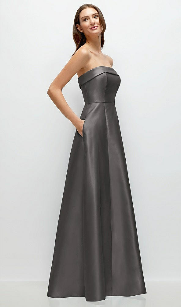 Back View - Caviar Gray Strapless Bias Cuff Bodice Satin Gown with Pockets