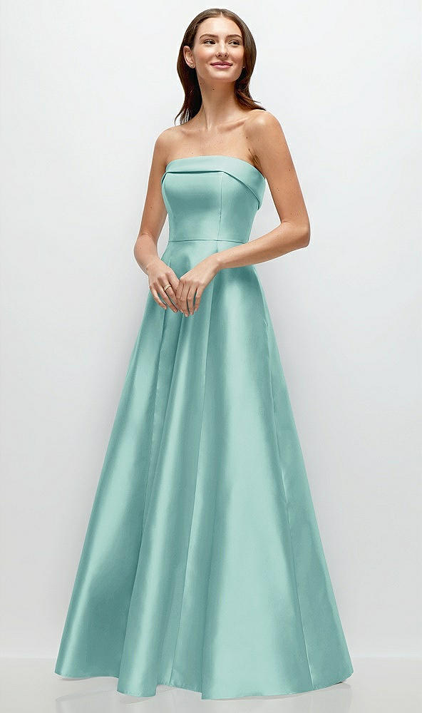 Front View - Coastal Strapless Bias Cuff Bodice Satin Gown with Pockets