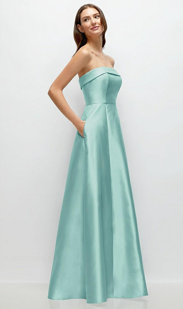 Back View - Coastal Strapless Bias Cuff Bodice Satin Gown with Pockets