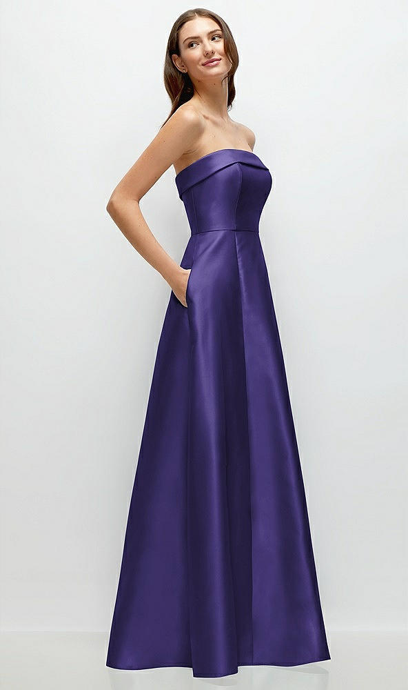 Back View - Grape Strapless Bias Cuff Bodice Satin Gown with Pockets