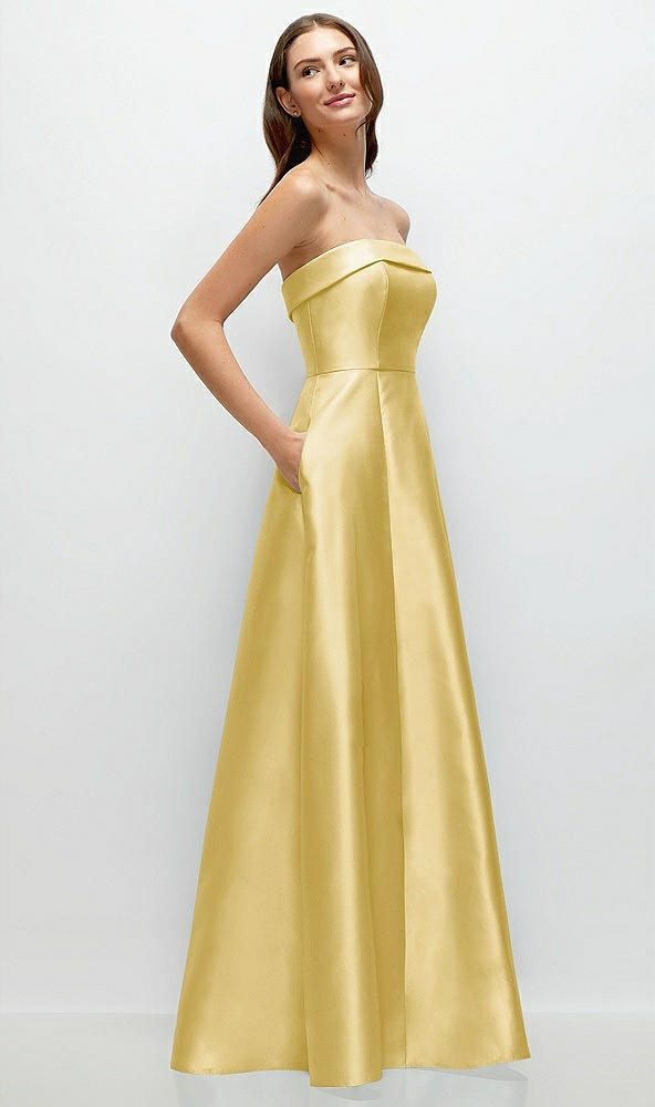 Back View - Maize Strapless Bias Cuff Bodice Satin Gown with Pockets