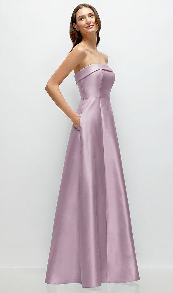 Back View - Suede Rose Strapless Bias Cuff Bodice Satin Gown with Pockets