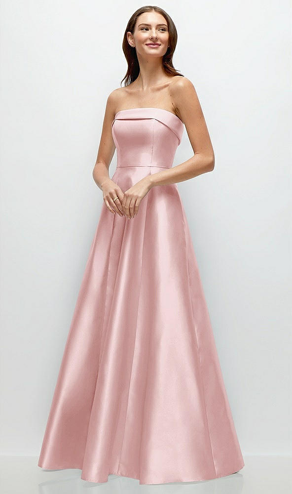 Front View - Ballet Pink Strapless Bias Cuff Bodice Satin Gown with Pockets