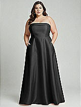 Alt View 1 Thumbnail - Black Strapless Bias Cuff Bodice Satin Gown with Pockets