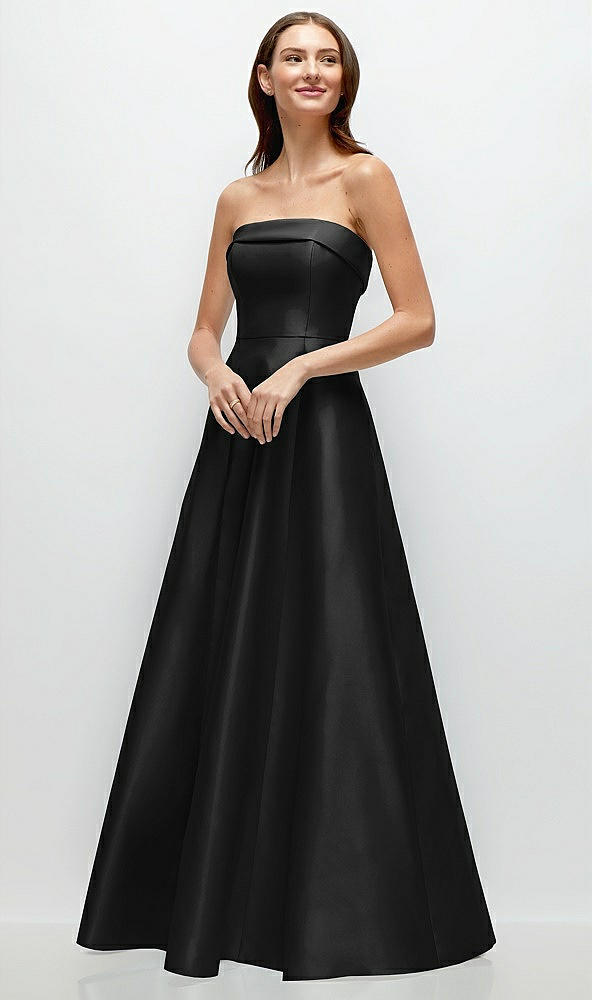 Front View - Black Strapless Bias Cuff Bodice Satin Gown with Pockets