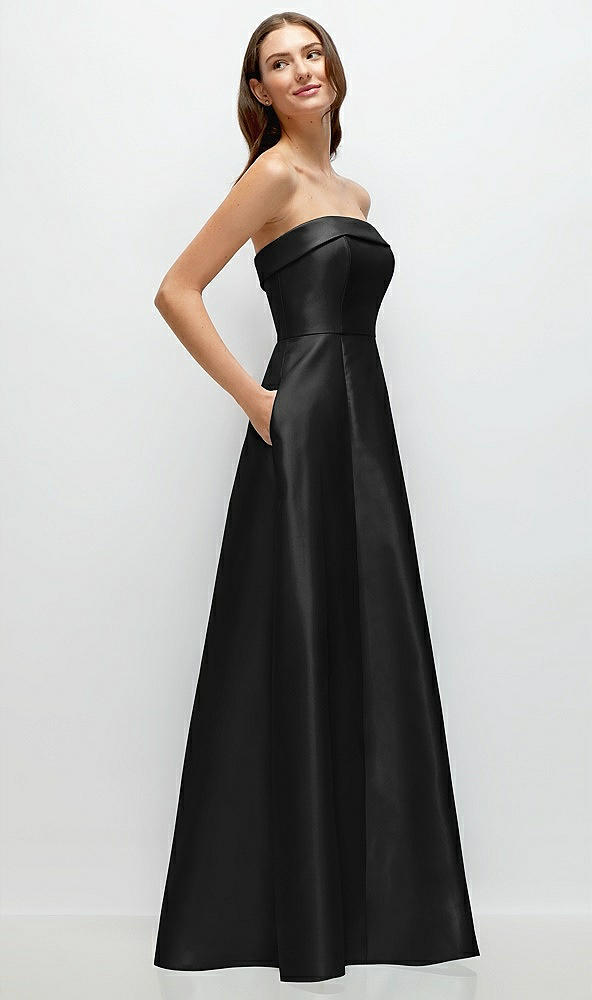 Back View - Black Strapless Bias Cuff Bodice Satin Gown with Pockets