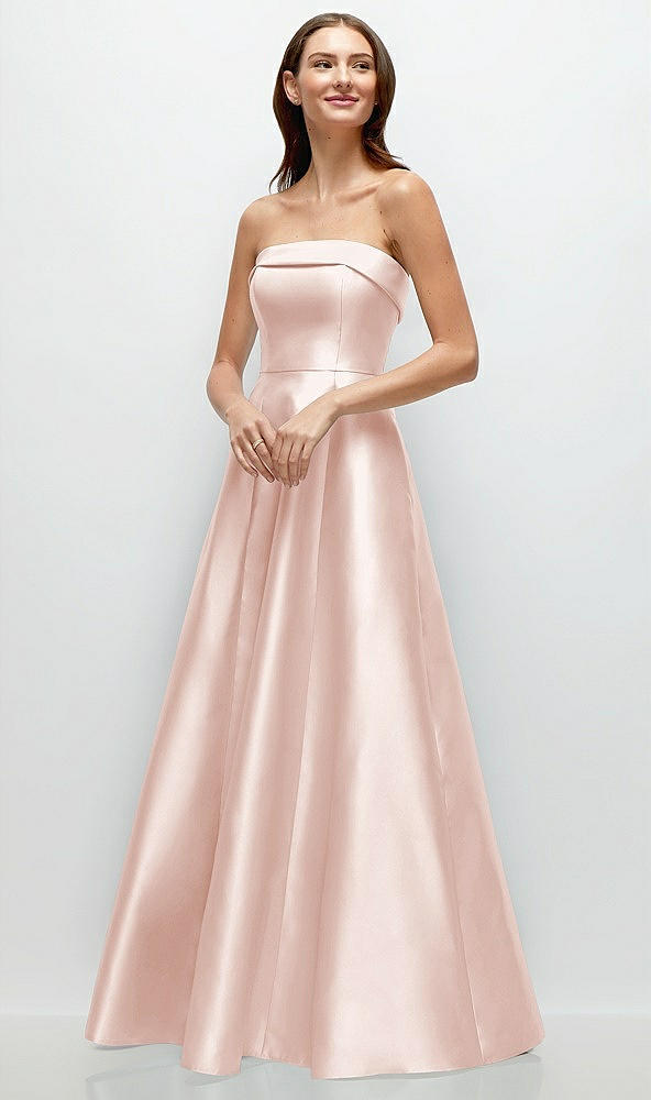 Front View - Blush Strapless Bias Cuff Bodice Satin Gown with Pockets