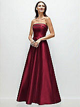 Front View Thumbnail - Burgundy Strapless Bias Cuff Bodice Satin Gown with Pockets