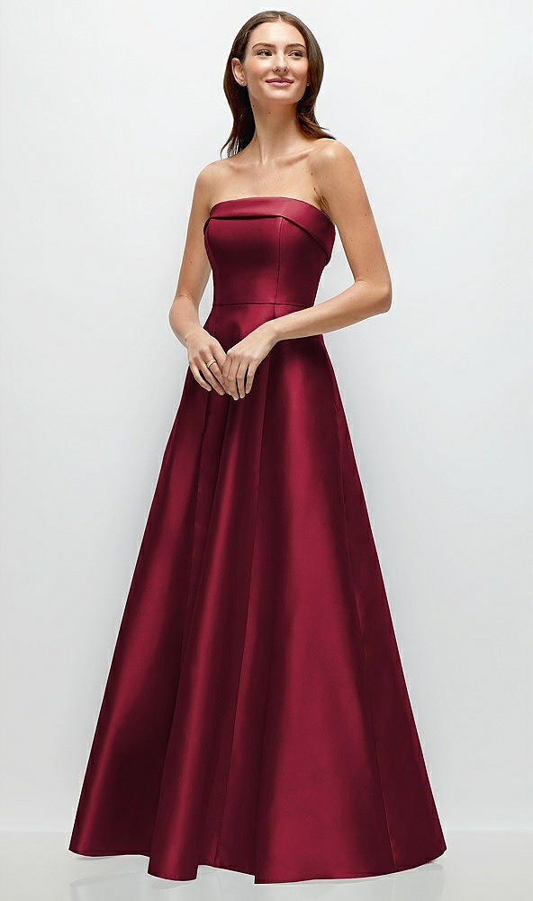 Front View - Burgundy Strapless Bias Cuff Bodice Satin Gown with Pockets