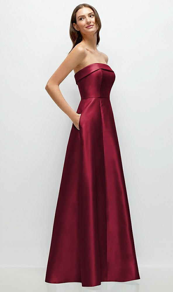 Back View - Burgundy Strapless Bias Cuff Bodice Satin Gown with Pockets