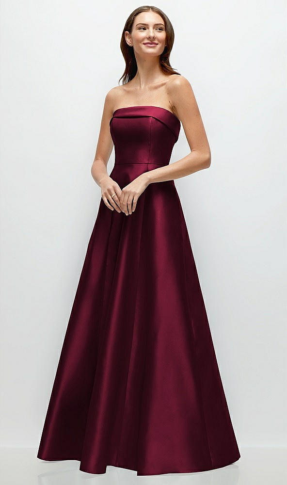 Front View - Cabernet Strapless Bias Cuff Bodice Satin Gown with Pockets