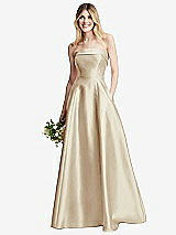 Alt View 6 Thumbnail - Champagne Strapless Bias Cuff Bodice Satin Gown with Pockets