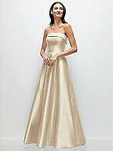 Front View Thumbnail - Champagne Strapless Bias Cuff Bodice Satin Gown with Pockets