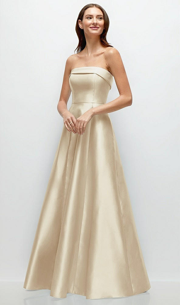 Front View - Champagne Strapless Bias Cuff Bodice Satin Gown with Pockets