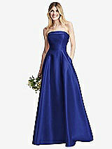 Alt View 6 Thumbnail - Cobalt Blue Strapless Bias Cuff Bodice Satin Gown with Pockets