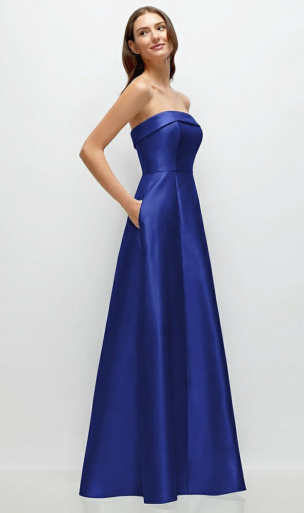 Back View - Cobalt Blue Strapless Bias Cuff Bodice Satin Gown with Pockets