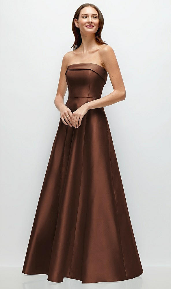 Front View - Cognac Strapless Bias Cuff Bodice Satin Gown with Pockets