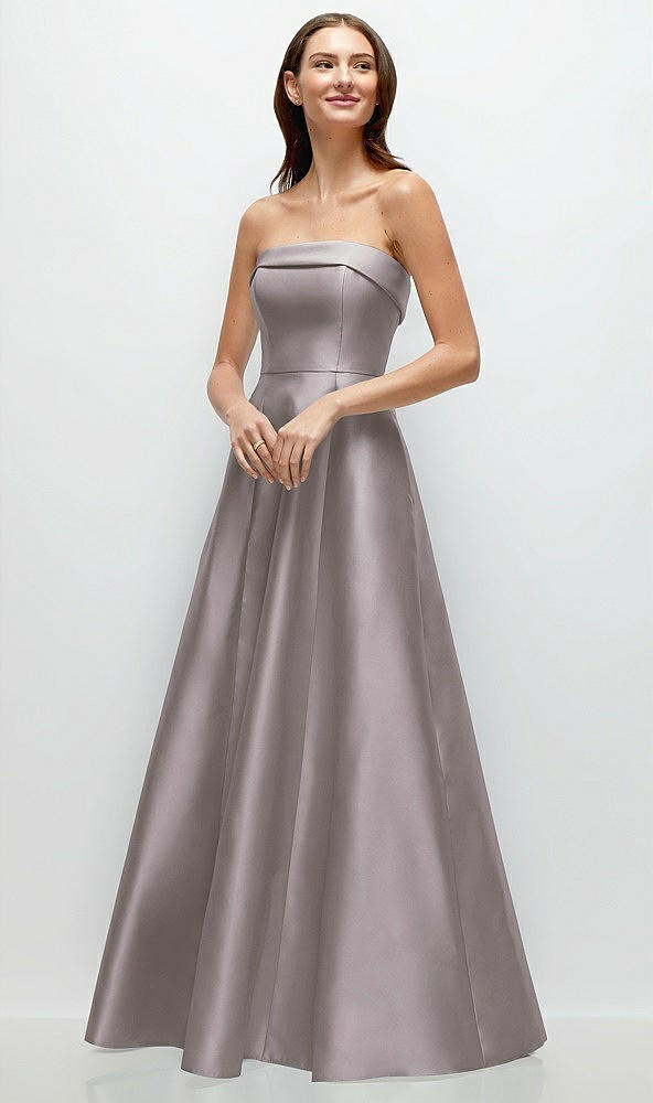 Front View - Cashmere Gray Strapless Bias Cuff Bodice Satin Gown with Pockets