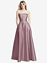 Alt View 3 Thumbnail - Dusty Rose Strapless Bias Cuff Bodice Satin Gown with Pockets