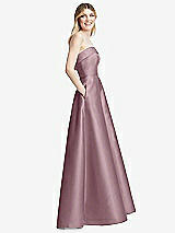 Alt View 5 Thumbnail - Dusty Rose Strapless Bias Cuff Bodice Satin Gown with Pockets