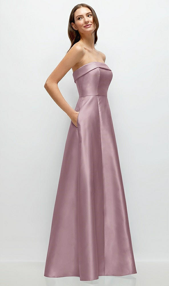 Back View - Dusty Rose Strapless Bias Cuff Bodice Satin Gown with Pockets