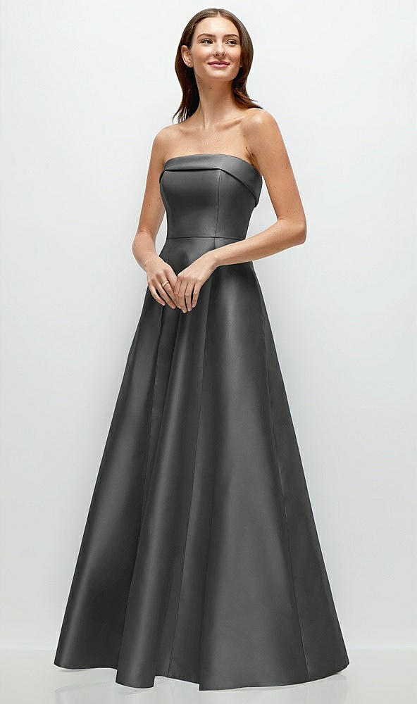 Front View - Gunmetal Strapless Bias Cuff Bodice Satin Gown with Pockets