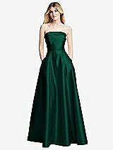 Alt View 3 Thumbnail - Hunter Green Strapless Bias Cuff Bodice Satin Gown with Pockets