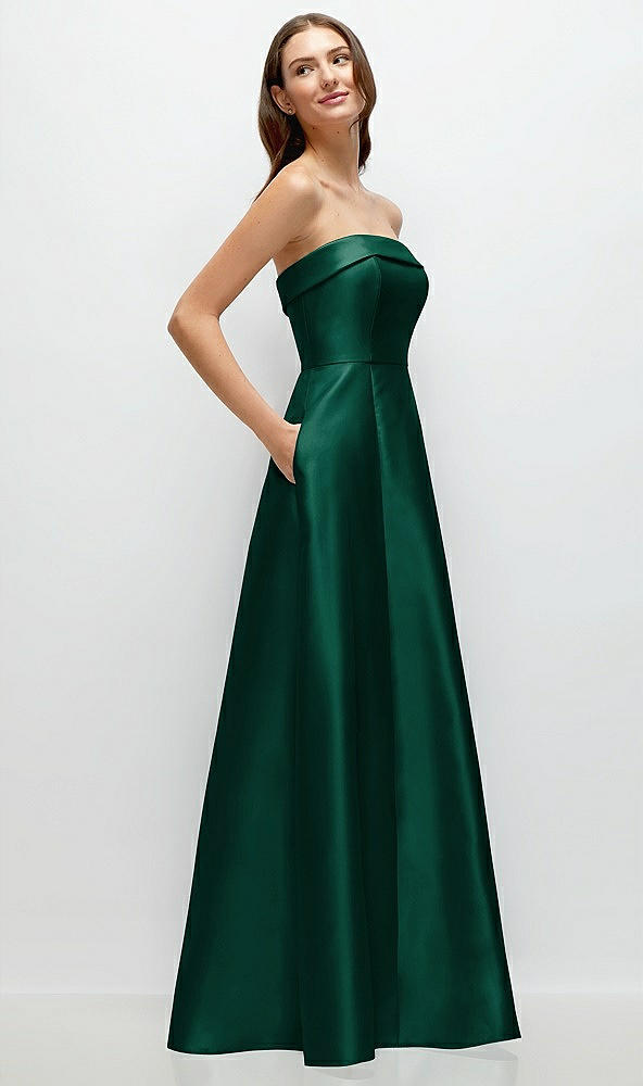 Back View - Hunter Green Strapless Bias Cuff Bodice Satin Gown with Pockets