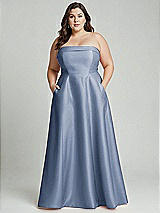 Alt View 1 Thumbnail - Larkspur Blue Strapless Bias Cuff Bodice Satin Gown with Pockets