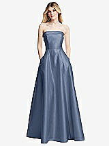 Alt View 3 Thumbnail - Larkspur Blue Strapless Bias Cuff Bodice Satin Gown with Pockets