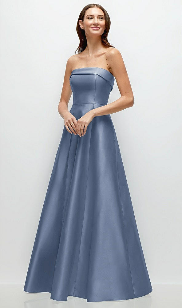 Front View - Larkspur Blue Strapless Bias Cuff Bodice Satin Gown with Pockets