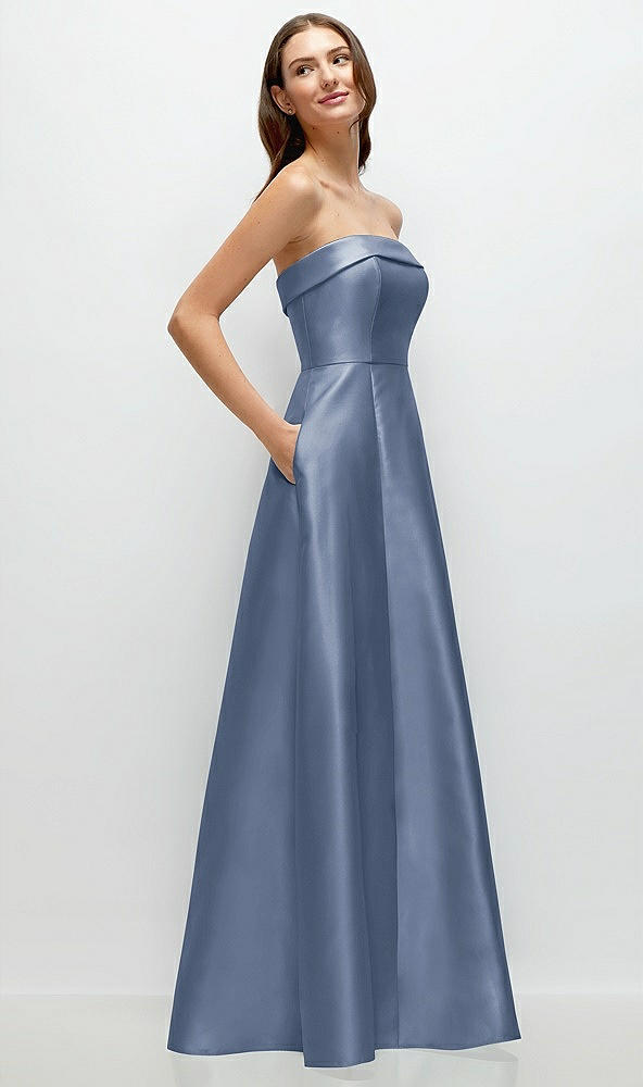 Back View - Larkspur Blue Strapless Bias Cuff Bodice Satin Gown with Pockets