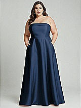 Alt View 1 Thumbnail - Midnight Navy Strapless Bias Cuff Bodice Satin Gown with Pockets