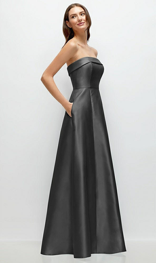 Back View - Pewter Strapless Bias Cuff Bodice Satin Gown with Pockets