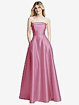 Alt View 3 Thumbnail - Powder Pink Strapless Bias Cuff Bodice Satin Gown with Pockets