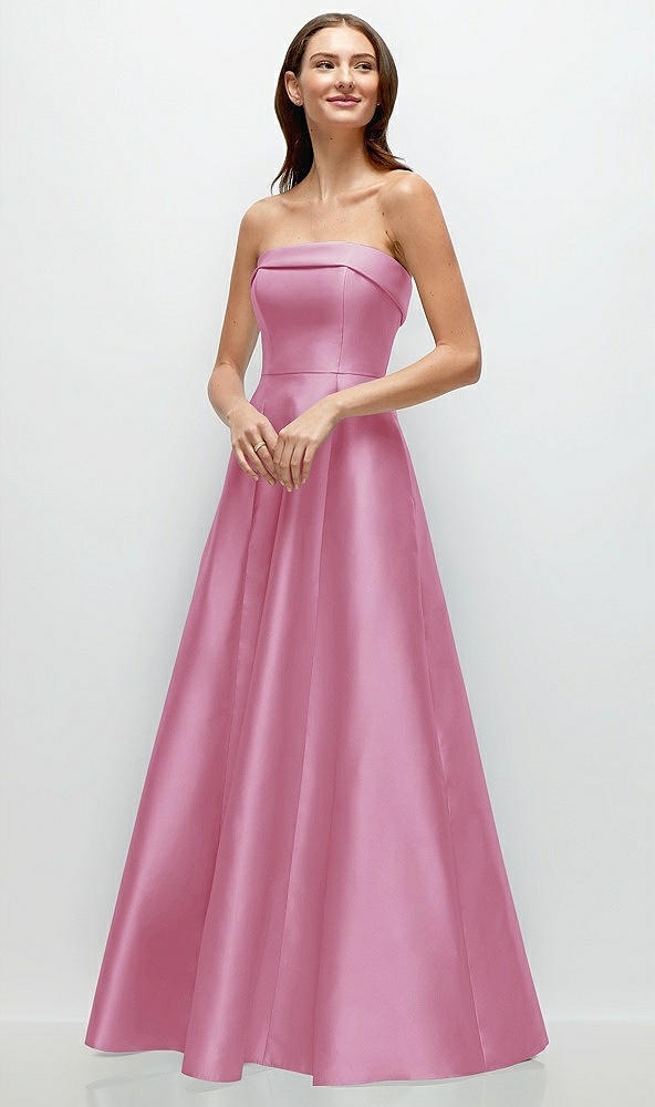 Front View - Powder Pink Strapless Bias Cuff Bodice Satin Gown with Pockets