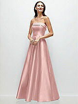 Front View Thumbnail - Rose - PANTONE Rose Quartz Strapless Bias Cuff Bodice Satin Gown with Pockets