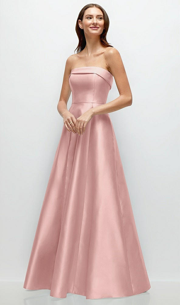 Front View - Rose - PANTONE Rose Quartz Strapless Bias Cuff Bodice Satin Gown with Pockets