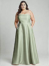 Alt View 1 Thumbnail - Sage Strapless Bias Cuff Bodice Satin Gown with Pockets