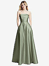 Alt View 3 Thumbnail - Sage Strapless Bias Cuff Bodice Satin Gown with Pockets