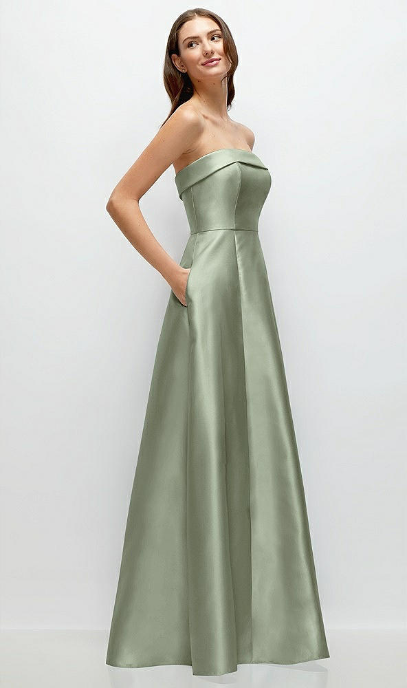 Back View - Sage Strapless Bias Cuff Bodice Satin Gown with Pockets