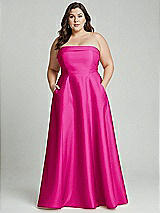 Alt View 1 Thumbnail - Think Pink Strapless Bias Cuff Bodice Satin Gown with Pockets