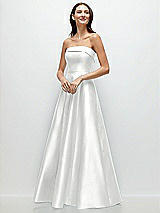 Front View Thumbnail - White Strapless Bias Cuff Bodice Satin Gown with Pockets