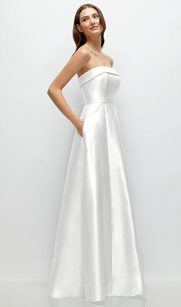 Back View - White Strapless Bias Cuff Bodice Satin Gown with Pockets