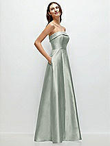 Rear View Thumbnail - Willow Green Strapless Bias Cuff Bodice Satin Gown with Pockets