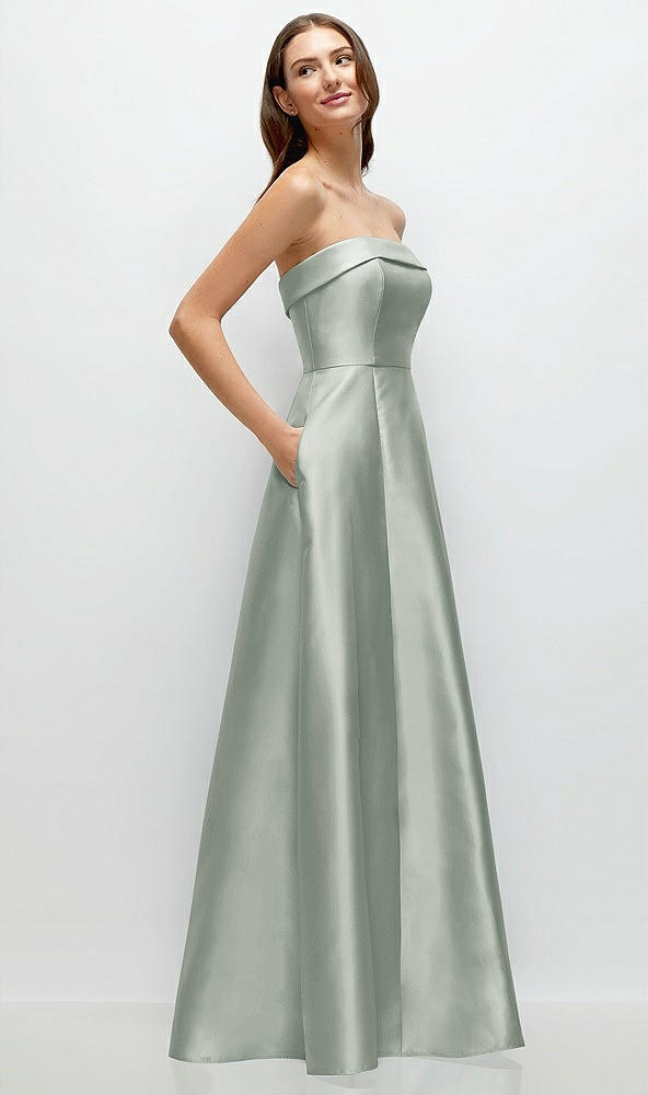 Back View - Willow Green Strapless Bias Cuff Bodice Satin Gown with Pockets