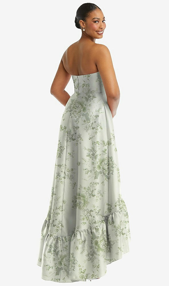 Back View - Sage Cottage Rose Strapless Floral High-Low Ruffle Hem Maxi Dress with Pockets